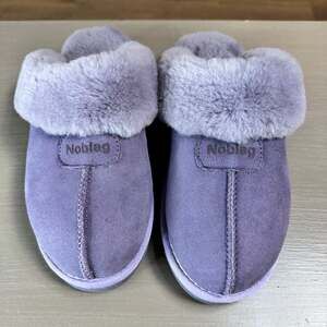 Noblag Women's Purple Sheepskin Suede Slipper Mules with Fur Collar